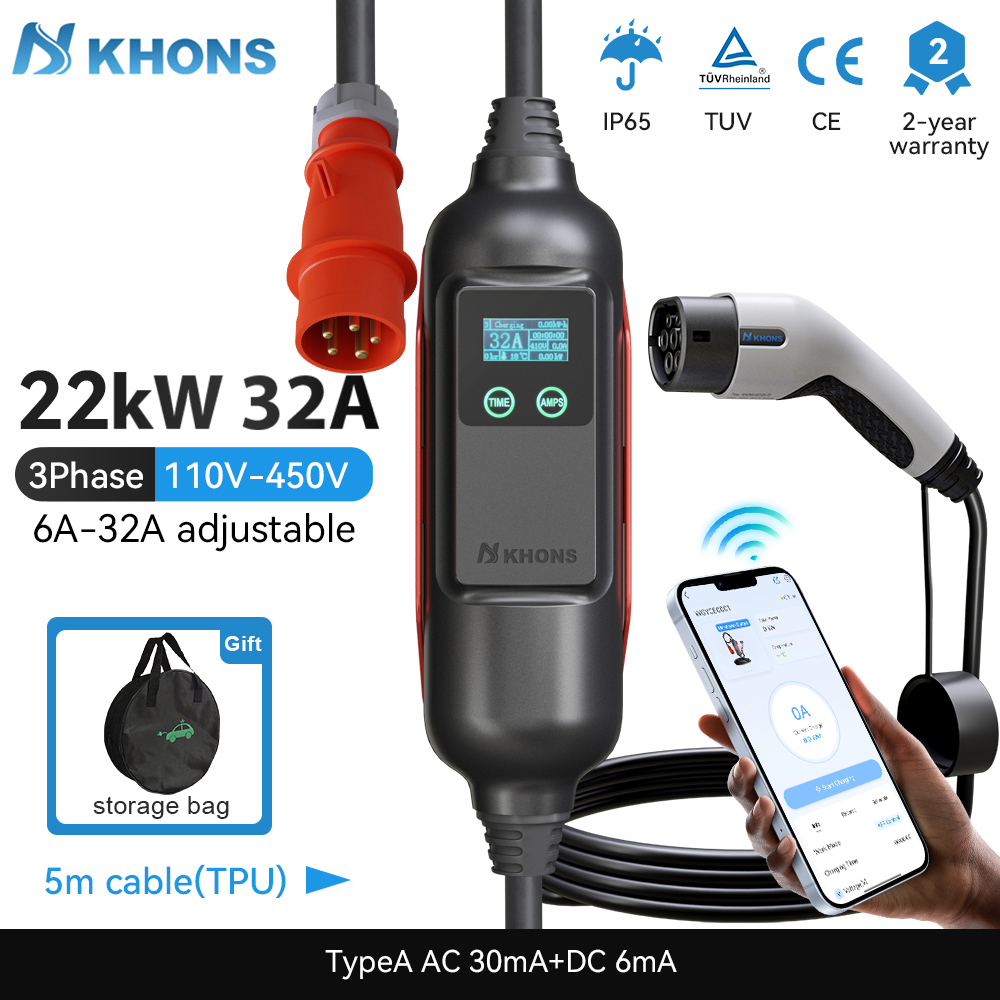 Portable Ev Charger 32A Type 2 Cee Plug - Khons Tragbares EV-Ladegerät Typ2 32A 22KW