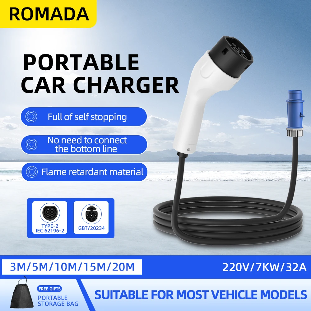 Portable Ev Charger 32A Type 2 Cee Plug - ROMADA Typ2 IEC62196-2 Für Elektrofahrzeug 7KW